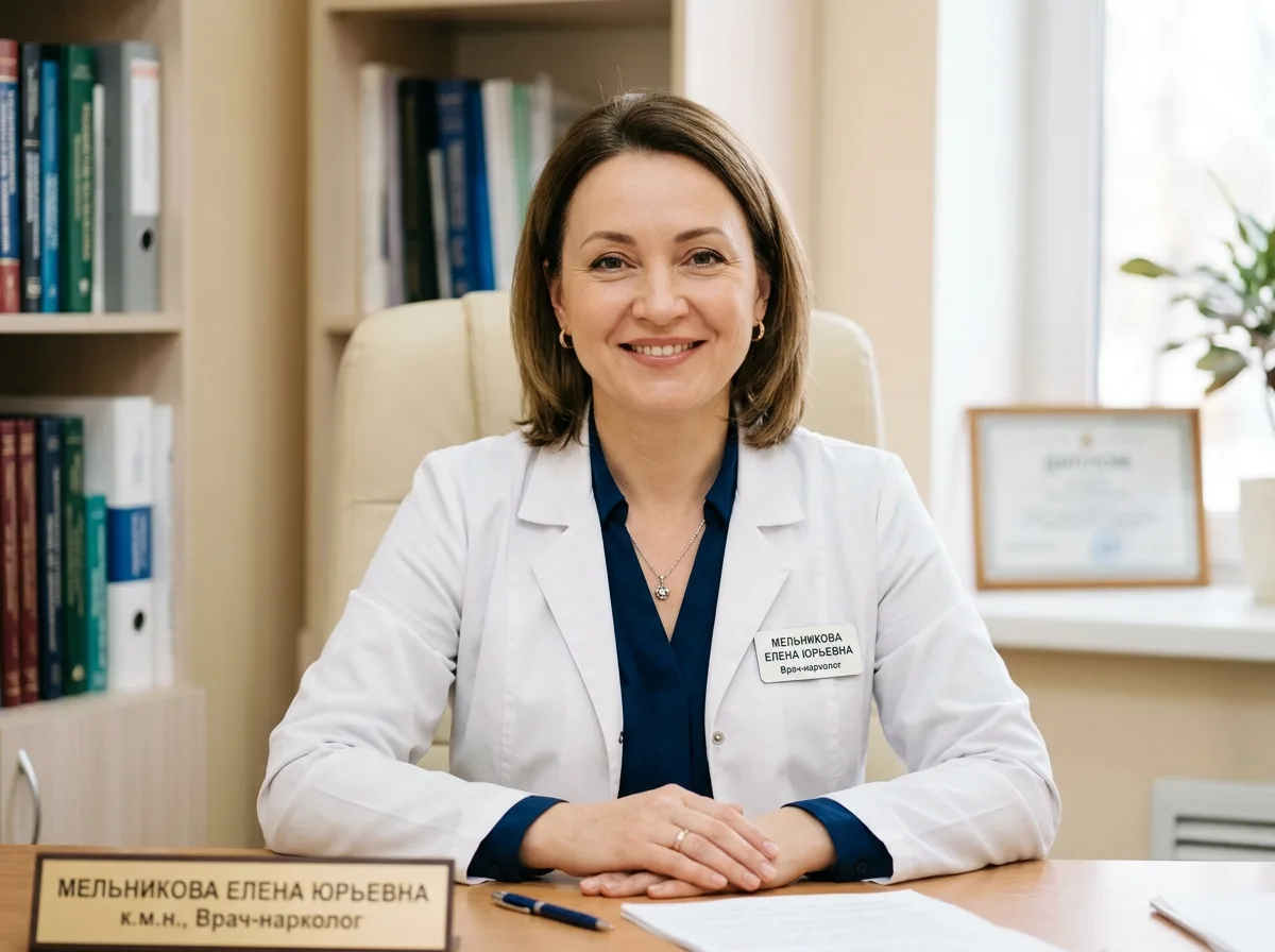 Портрет врача-нарколога Мельниковой Елены Юрьевны, женщина около 42 лет, профессиональный медицинский вид, доброжелательное выражение лица, светлый нейтральный фон